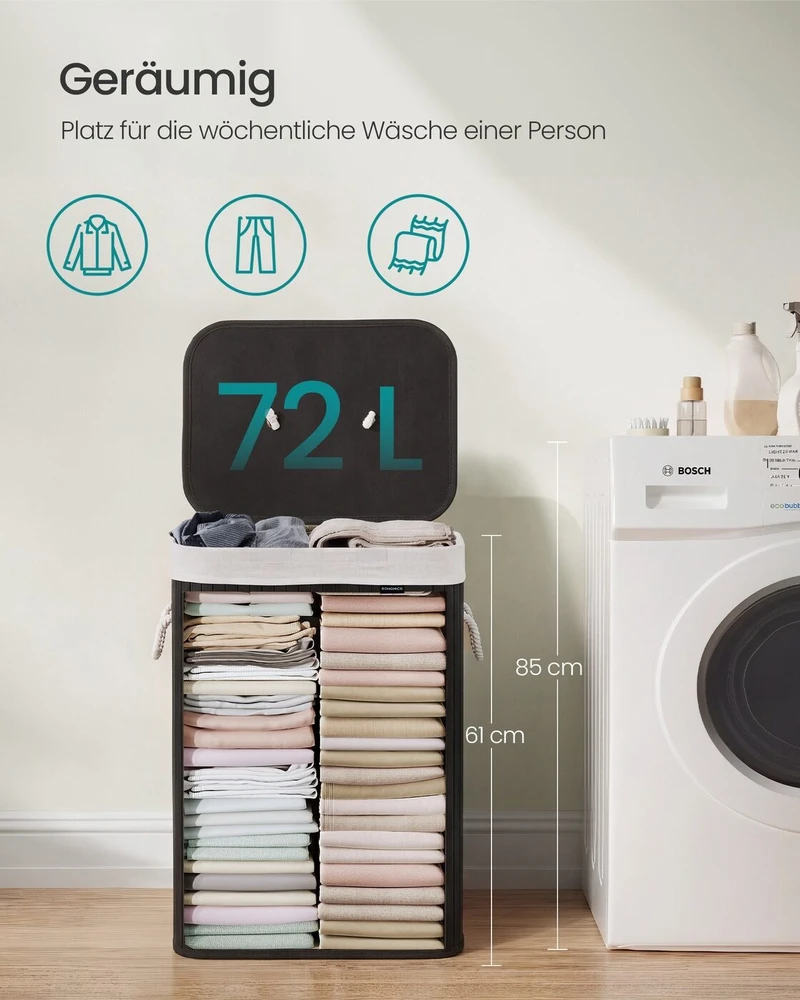 Songmics Bambuko skalbinių dėžė 72 L juoda
