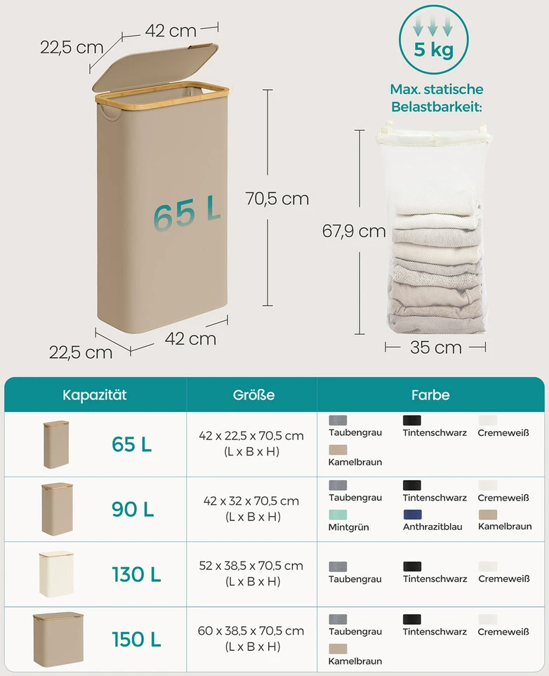 SONGMICS skalbinių krepšys 65 L su dangčiu 150 L 42 x 22,5 x 70,5 cm kamelės rudos spalvos