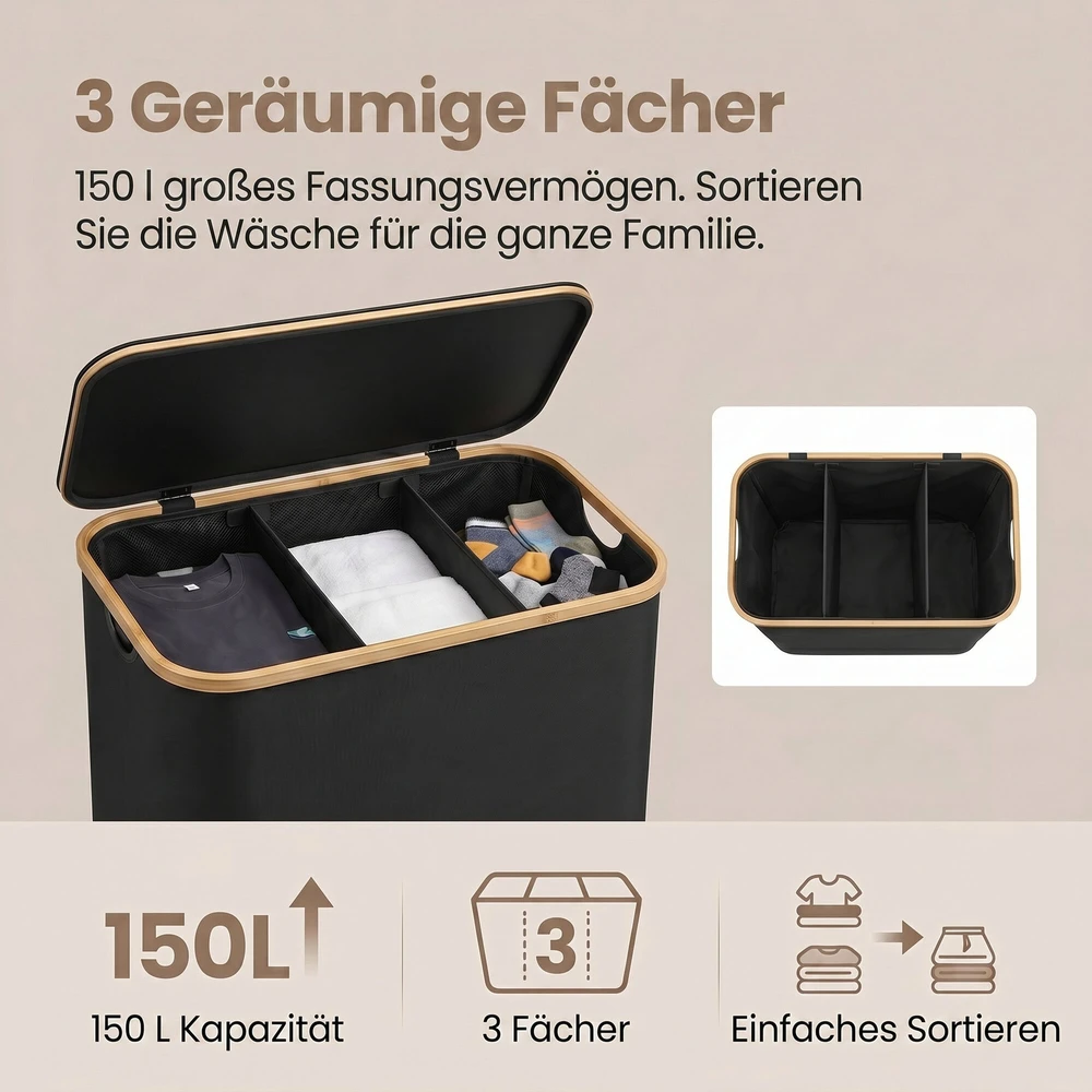 Songmics Skalbinių krepšys su 3 skyriais, 150 L