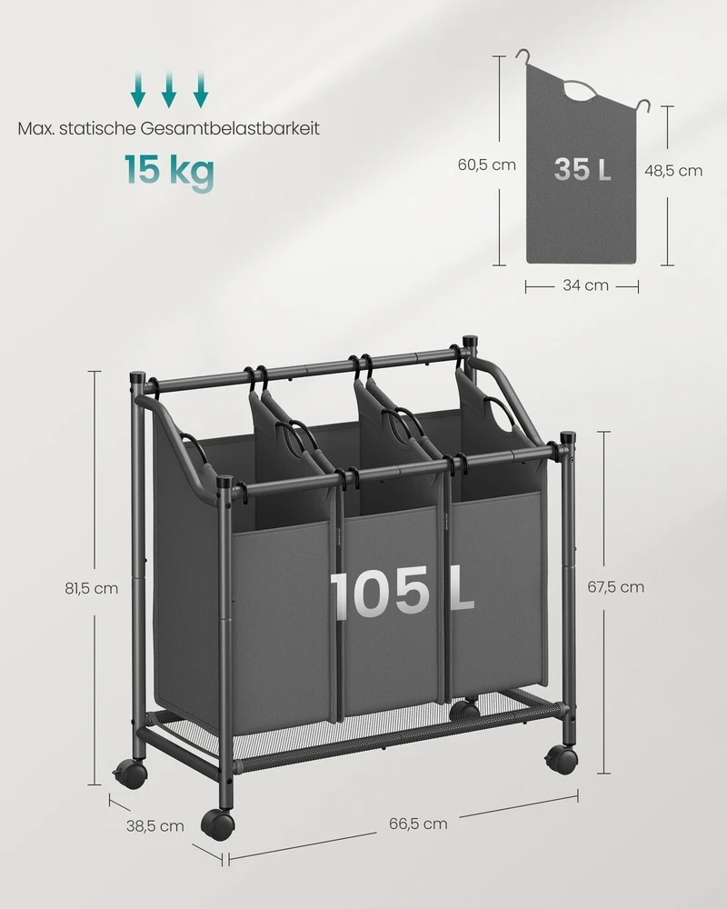 Songmics Skalbinių krepšys su ratukais 3 x 45 L skalbinių krepšys su ratukais
