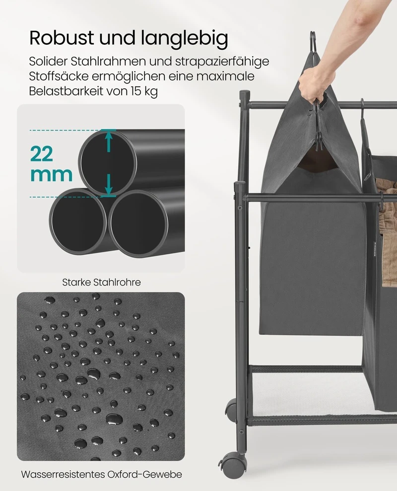Songmics Skalbinių krepšys su ratukais 3 x 45 L skalbinių krepšys su ratukais