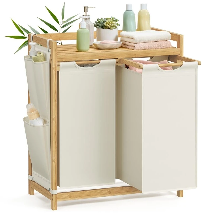 Songmics Skalbinių krepšys 2 skyriai 2 x 50 L 63 x 33 x 78 cm kreminės baltos spalvos