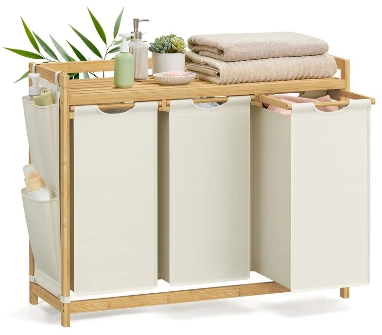 Songmics Skalbinių krepšelis 3 skyriai 3 x 50 L 94 x 33 x 78 cm kreminės baltos spalvos