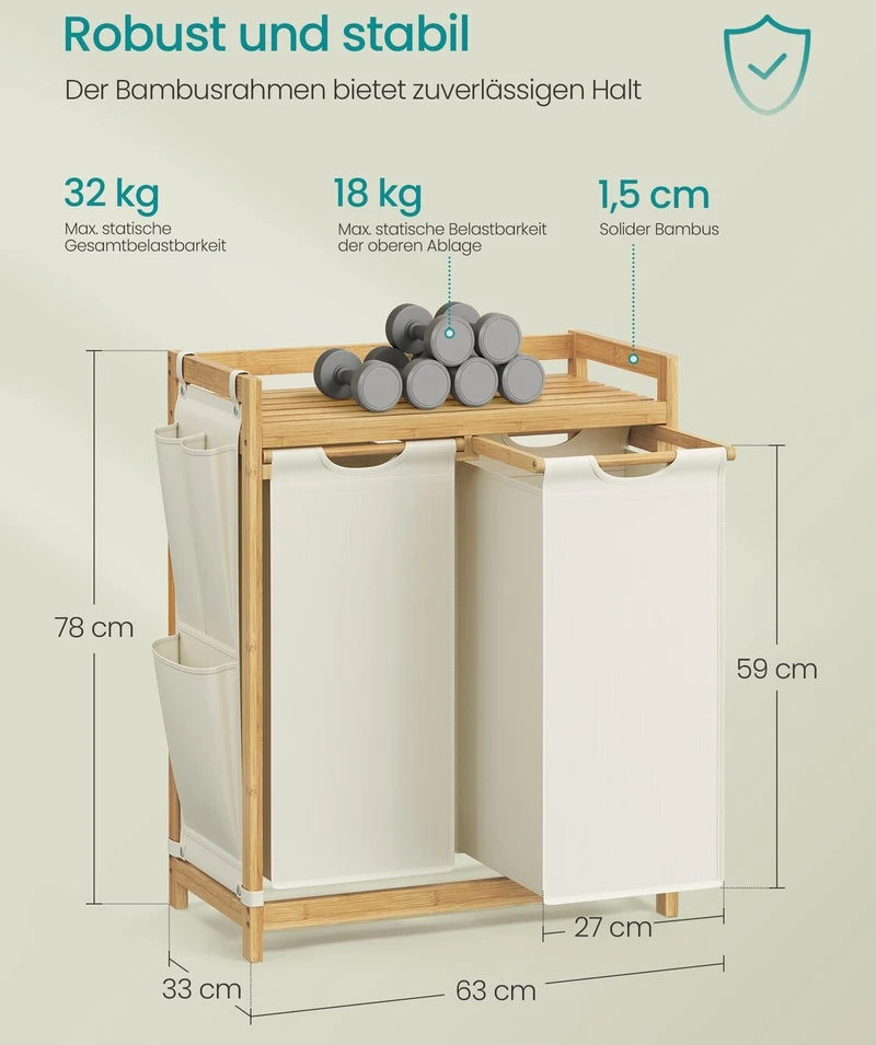 Songmics Skalbinių krepšys 2 skyriai 2 x 50 L 63 x 33 x 78 cm kreminės baltos spalvos