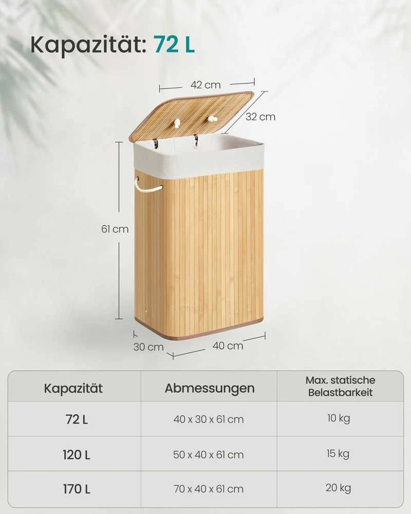 Songmics Bambuko skalbinių dėžė 72 L