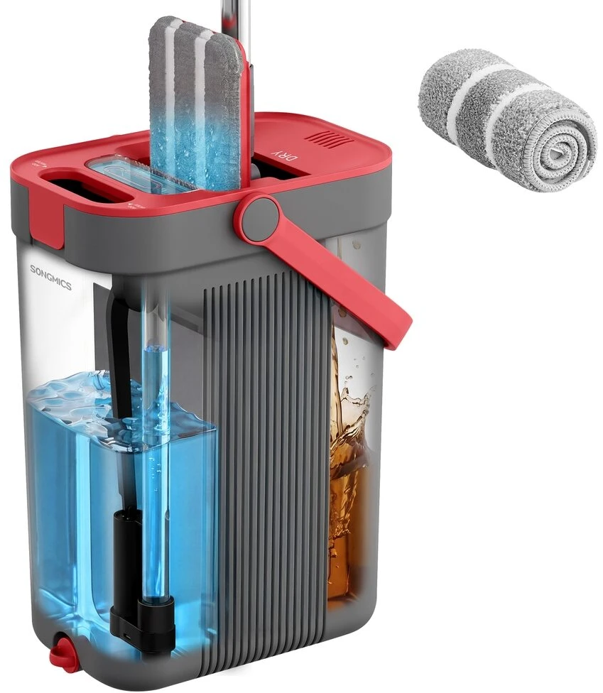 Songmics Grindų šluostės rinkinys su kibiru ir pertvara, pilkas–raudonas, 60–132 cm