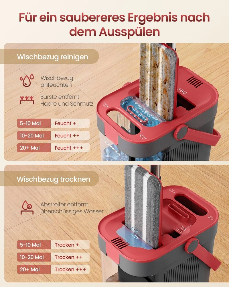Songmics Grindų šluostės rinkinys su kibiru ir pertvara, pilkas–raudonas, 60–132 cm