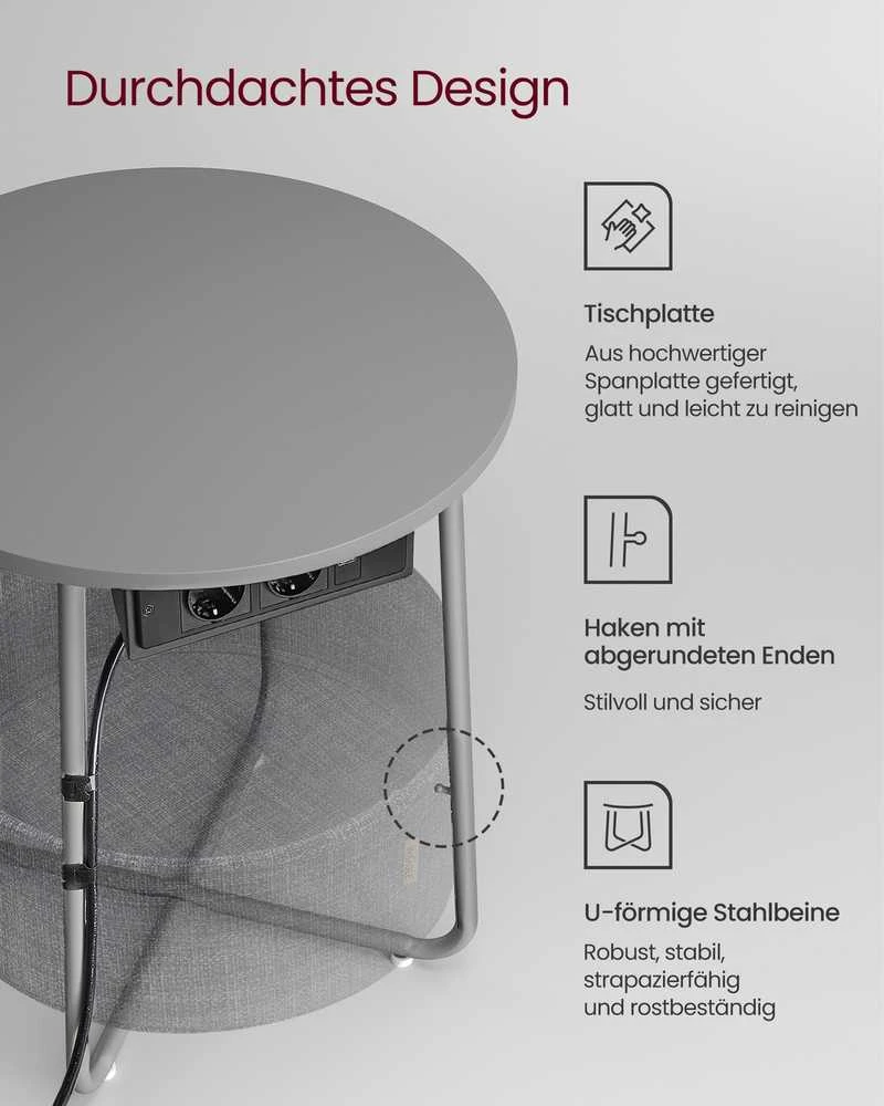 Songmics Vasagle Šoninis staliukas su įkrovimo stotele ir kištukiniu lizdu balandžių pilka-skiedros pilka