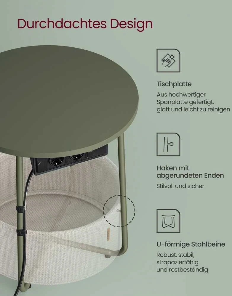 Songmics Vasagle Šoninis staliukas su įkrovimo stotele ir kištukiniu lizdu miško žalia-kreminė balta