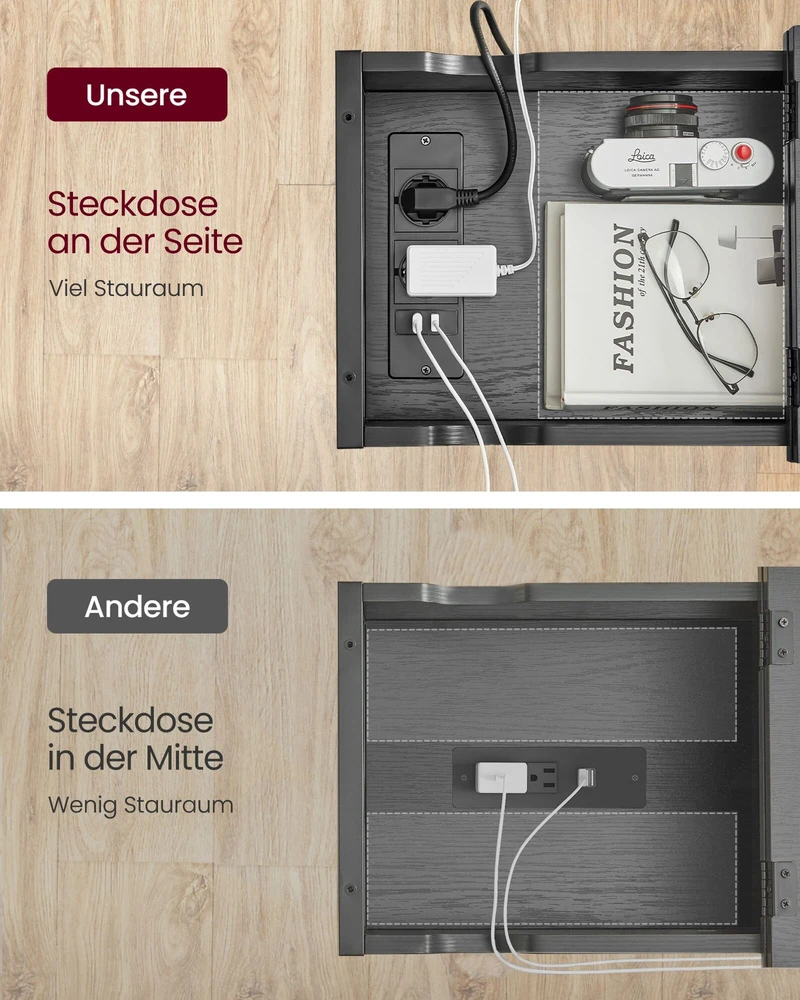 Songmics Vasagle Šoninis staliukas su elektros lizdu ir USB jungtimis, juodas su medžio tekstūra