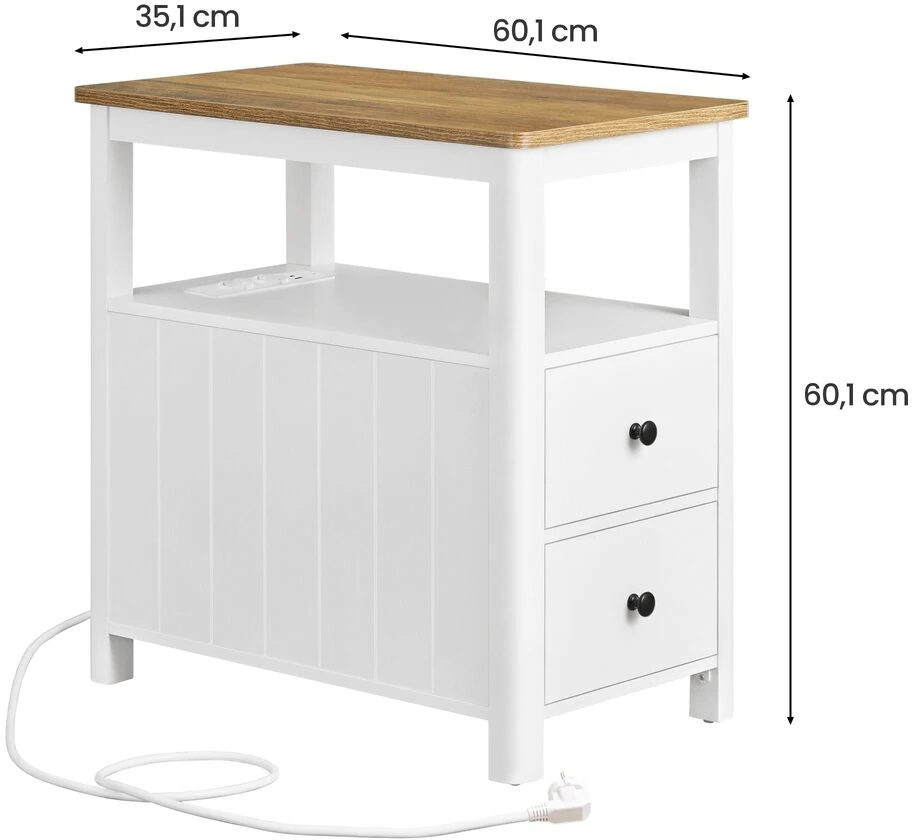 Songmics Kavos staliukas su elektros lizdu ir 2 stalčiais 60x35x60 cm