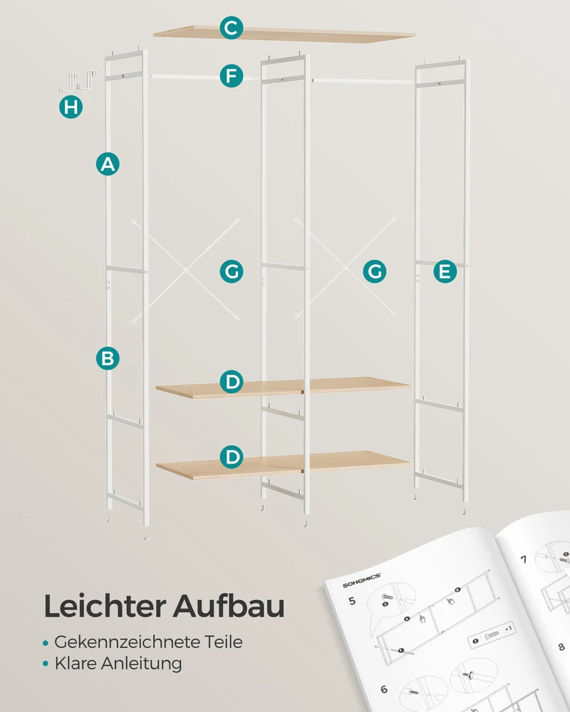 Songmics Atidaryta drabužių spinta su drabužių turėklu natūralios smėlio spalvos