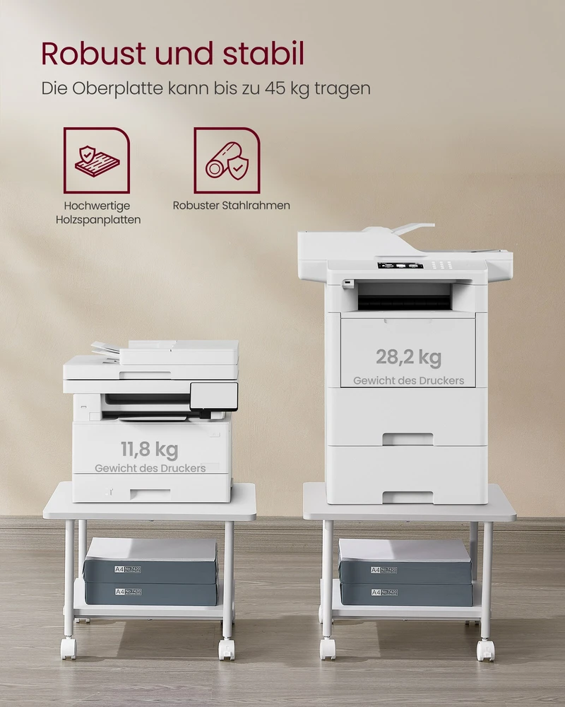 Songmics Spintelė spausdintuvui su ratukais ir 2 lygiais, balta