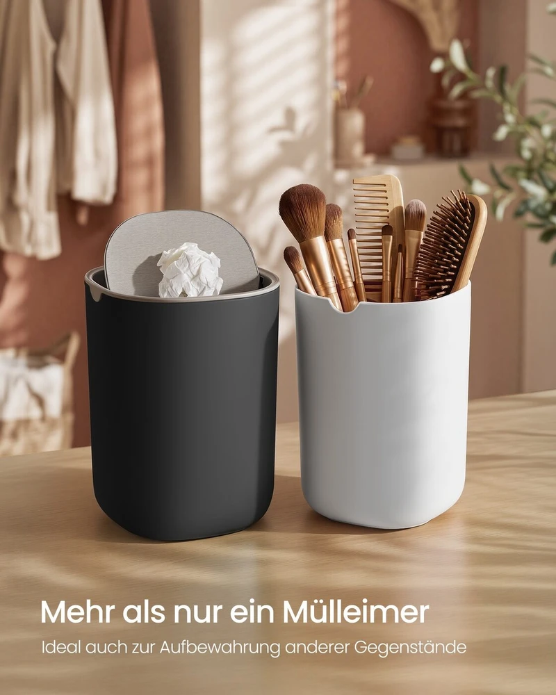 Songmics Stalo šiukšliadėžė su sūpuojamu dangčiu, 1,5 l, juoda, 11,6 × 11,6 × 15,8 cm