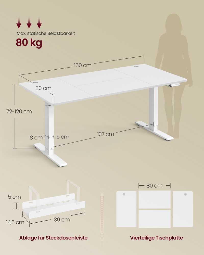 Songmics Stovas rašomasis stalas 160x80x72-120 cm baltas