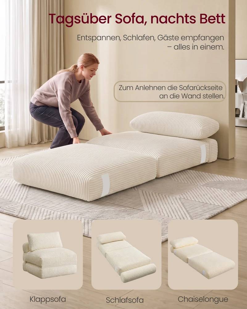 Songmics Sulankstomas miegamasis fotelis, šiltai baltas, 89 × 89 × 78 / 89 × 195 × 43 cm