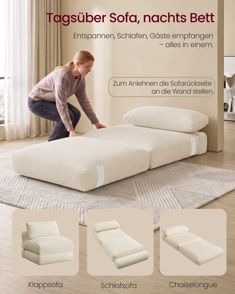 Songmics Sulankstomas miegamasis fotelis, šiltai baltas, 89 × 89 × 78 / 89 × 195 × 43 cm
