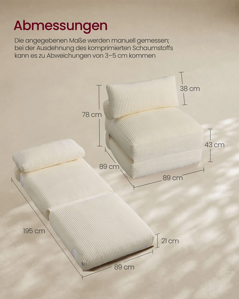 Songmics Sulankstomas miegamasis fotelis, šiltai baltas, 89 × 89 × 78 / 89 × 195 × 43 cm