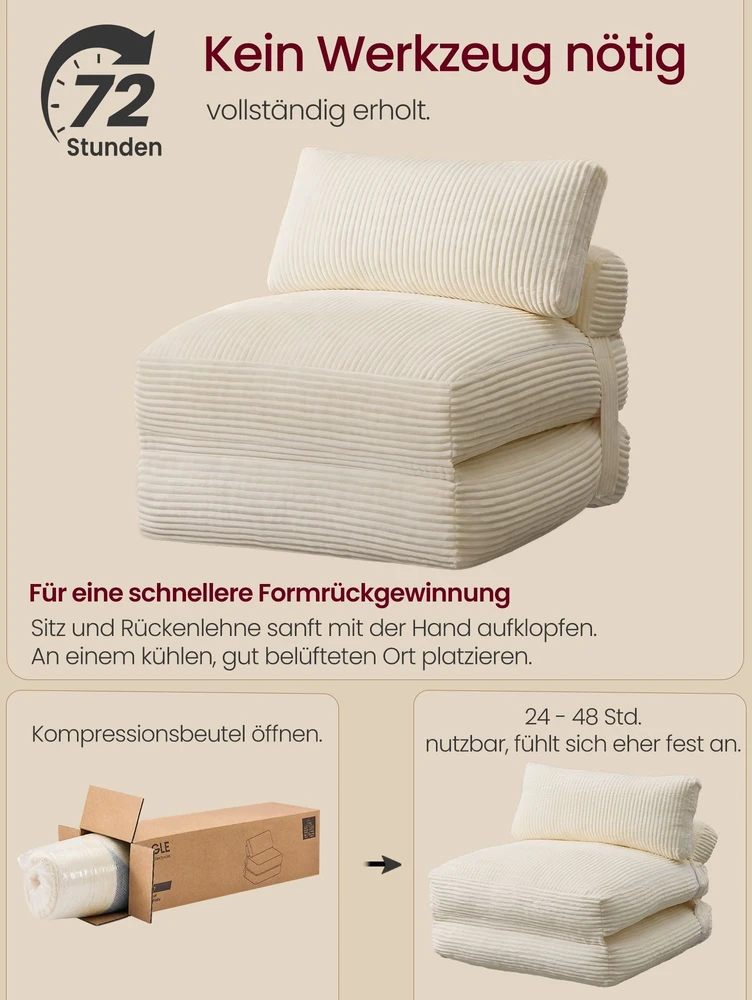 Songmics Sulankstomas miegamasis fotelis, šiltai baltas, 89 × 89 × 78 / 89 × 195 × 43 cm