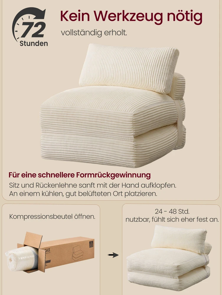 Songmics Sulankstomas miegamasis fotelis, šiltai baltas, 89 × 89 × 78 / 89 × 195 × 43 cm