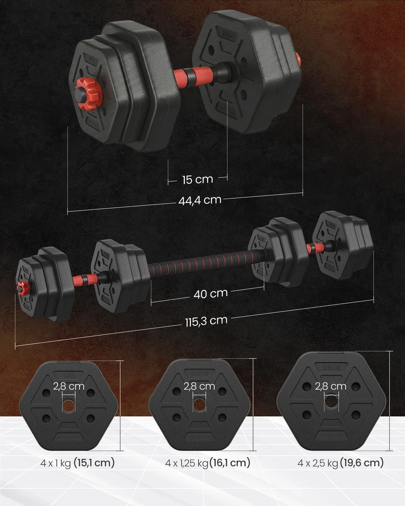 SONGMICS hantelių rinkinys su jungiamąja strypu 20 kg namams, tamsiai juodos spalvos