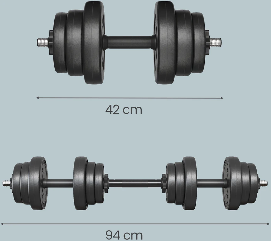 SONGMICS 2-in-1 hanteliai, hantelių rinkinys su jungiamuoju plieniniu vamzdžiu, 2 x 10 kg, juodos spalvos