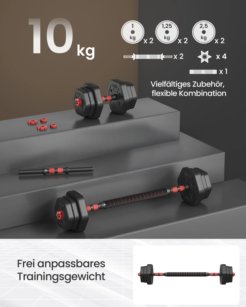 SONGMICS hantelių rinkinys su jungiamąja strypu 10 kg namams, tamsiai juodos spalvos