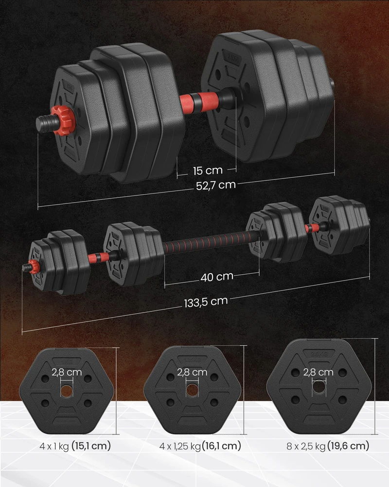 SONGMICS hantelių rinkinys su jungiamąja strypu 30 kg namams, tamsiai juodos spalvos