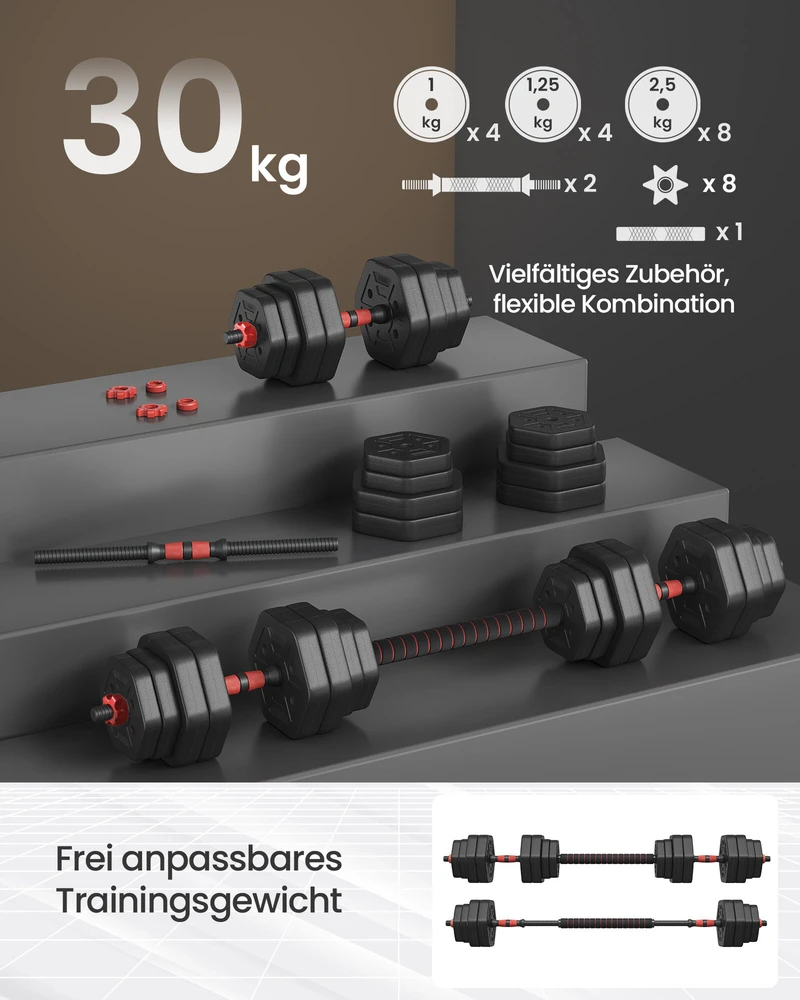 SONGMICS hantelių rinkinys su jungiamąja strypu 30 kg namams, tamsiai juodos spalvos