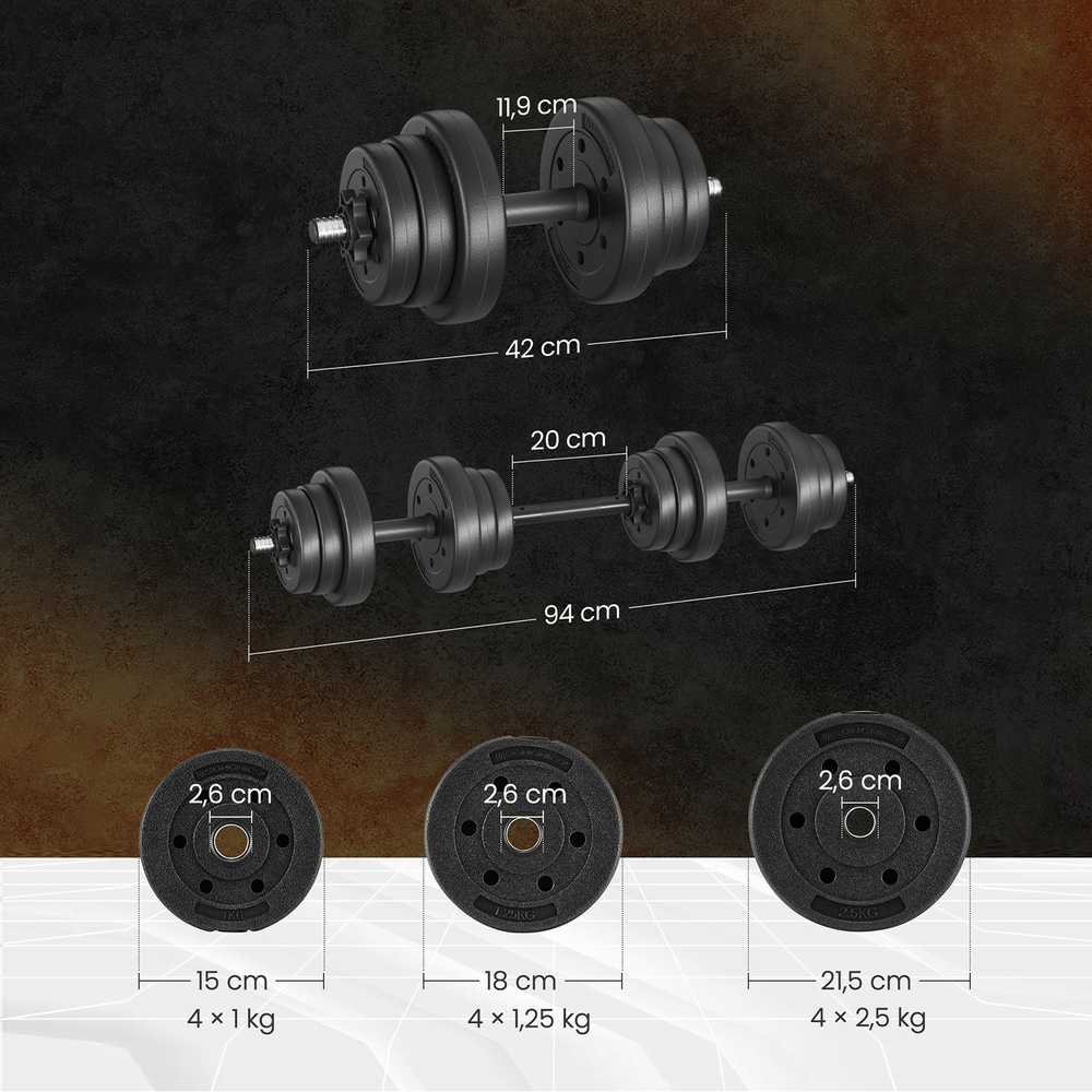 SONGMICS 2-in-1 hanteliai, hantelių rinkinys su jungiamuoju plieniniu vamzdžiu, 2 x 10 kg, juodos spalvos