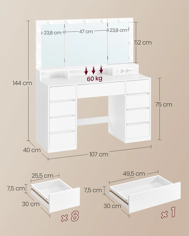 Songmics Kosmetinis staliukas su veidrodžiu 40 x 107 x 144 cm