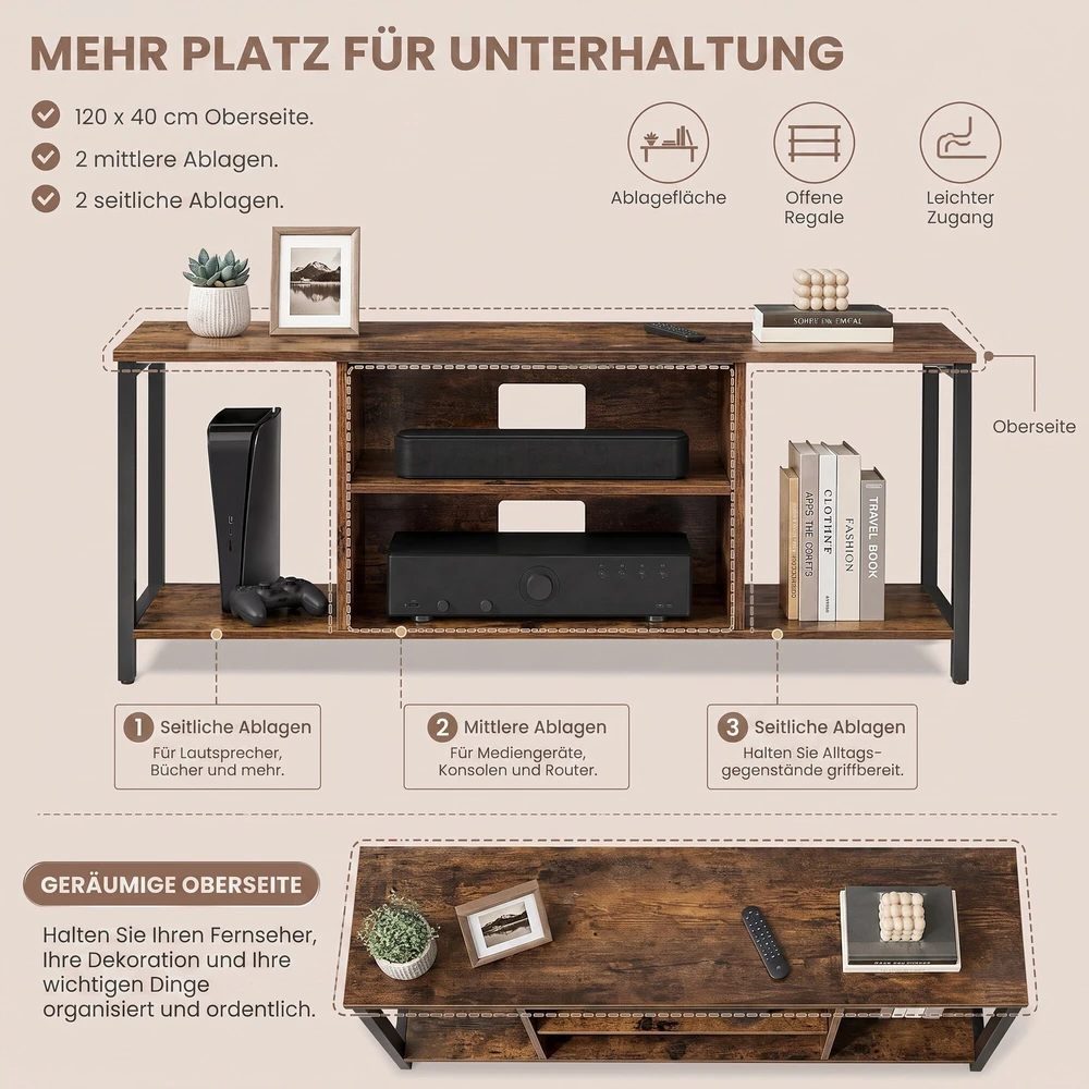 TV staliukas Songmics Vasagle TV spintelė su atvirais skyriais 40 x 120 x 50 cm vintažinė ruda-juoda