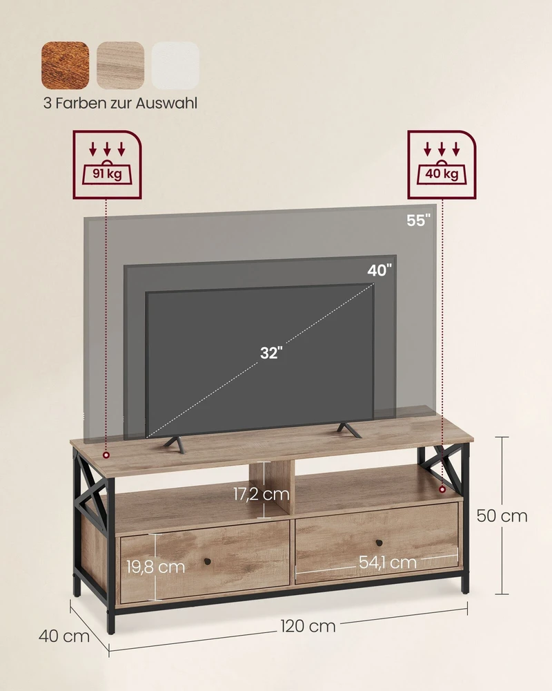 TV staliukas Vasagle 120 cm ilgio televizoriaus spintelė su 2 stalčiais ir 2 atvirais skyriais