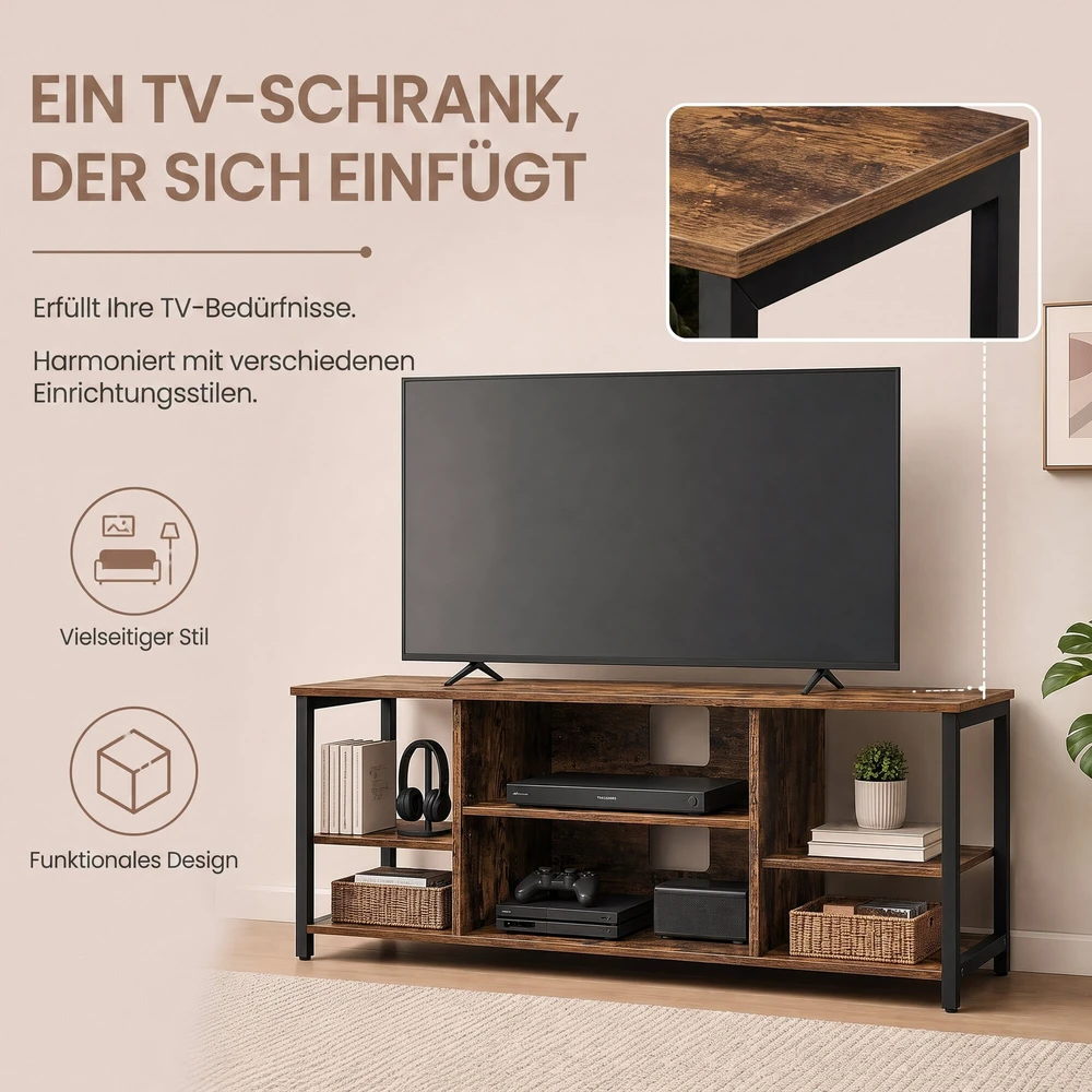 TV staliukas Songmics Vasagle TV spintelė su atvirais skyriais 40 x 120 x 50 cm vintažinė ruda-juoda