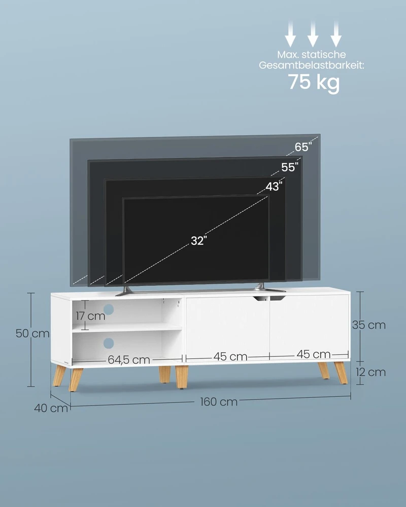 TV staliukas Vasagle 160 cm ilgio televizoriaus spintelė su 2 durelėmis sniego baltumo