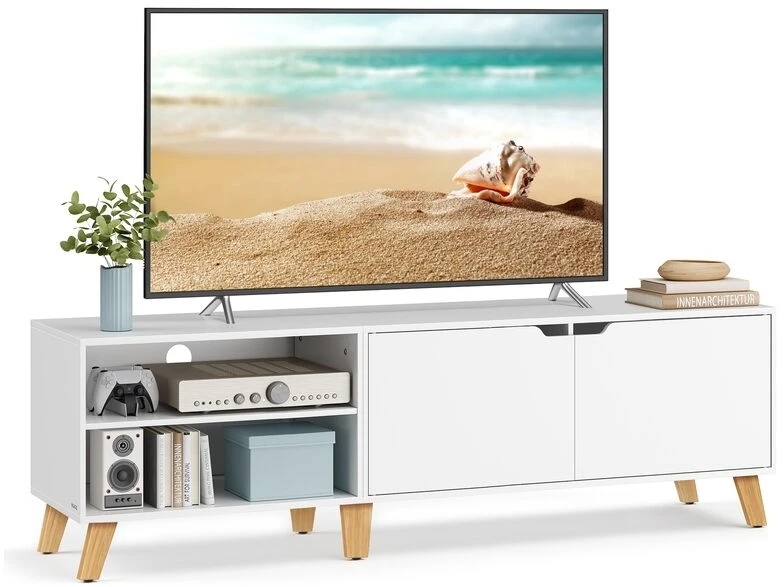 TV staliukas Vasagle 160 cm ilgio televizoriaus spintelė su 2 durelėmis sniego baltumo