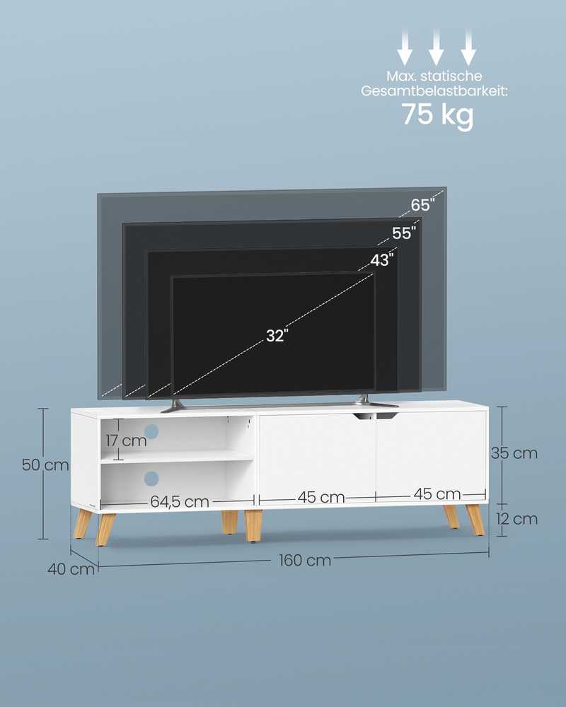 TV staliukas Vasagle 160 cm ilgio televizoriaus spintelė su 2 durelėmis sniego baltumo
