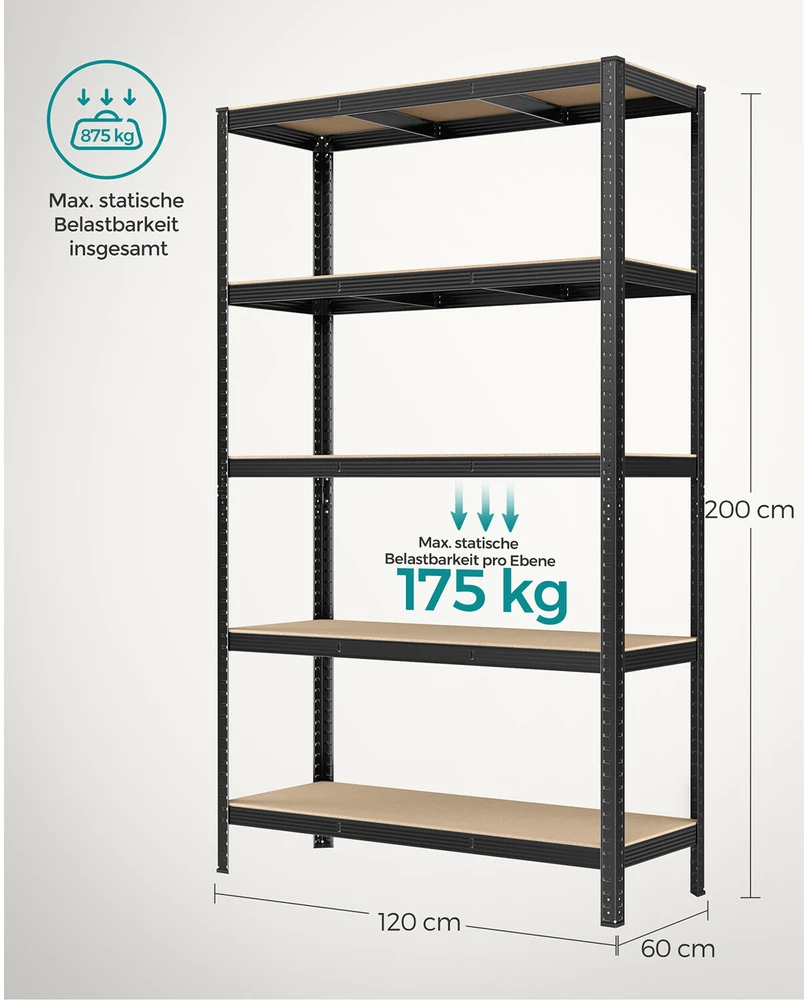 Songmics 2 rūsio lentynų 200 cm aukščio juodos spalvos rinkinys