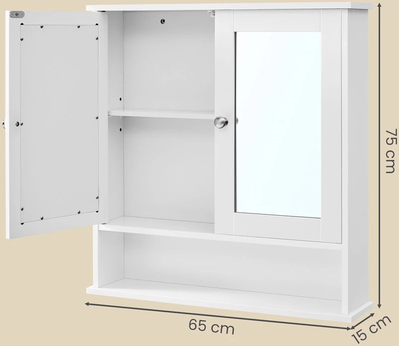 Songmics Sieninė spintelė su veidrodžiu, MDF, balta, 15x65x75 cm