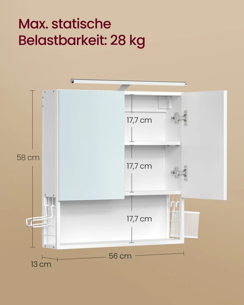 Songmics Veidrodinė spintelė su 2 veidrodinėmis durimis ir apšvietimu, balta, 13 × 56 × 58 cm
