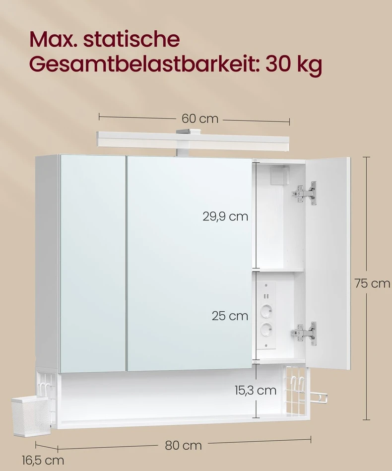 Songmics Veidrodinė spintelė su 3 veidrodinėmis durimis ir apšvietimu, debesų baltos spalvos, 16,5 × 80 × 75 cm