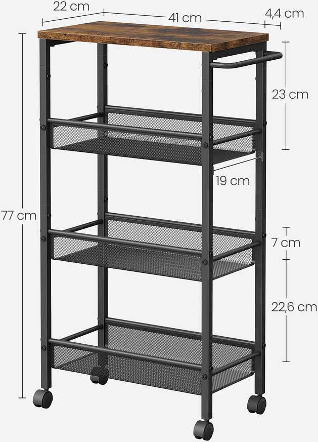 Songmics Vežimėlis su 4 lentynomis, ratukai, 22x41x86 cm, rudos ir juodos spalvos plieno rėmas
