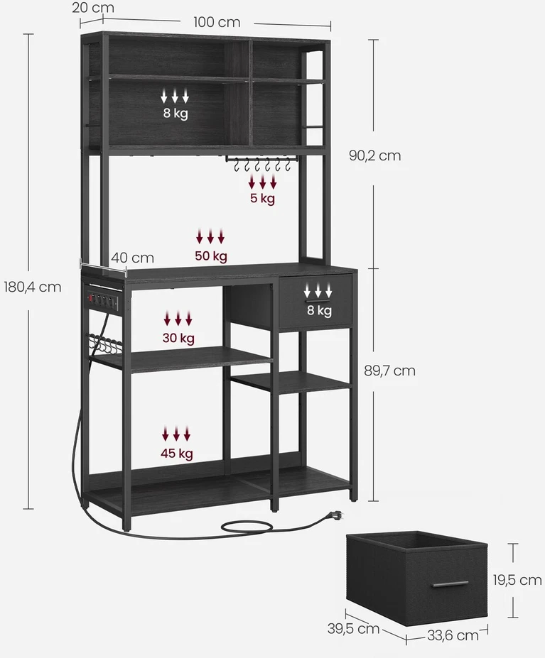 Songmics Vasagle Virtuvės lentyna su lizdais ir medžiaginiu stalčiumi 40 x 100 x 180,4 cm