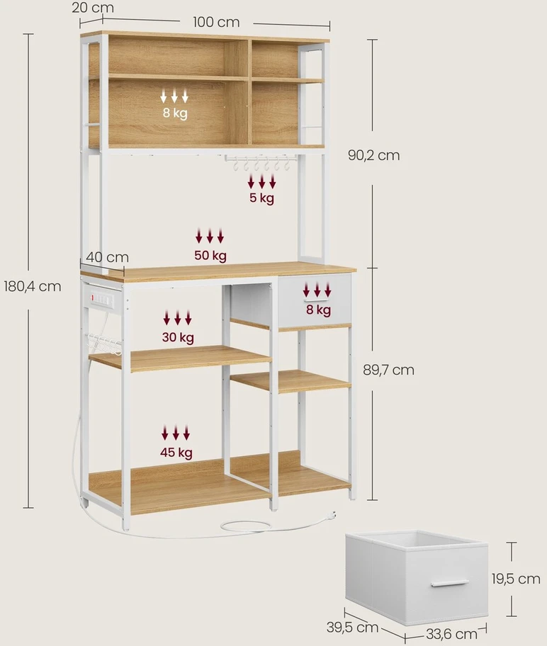 Songmics Vasagle Virtuvės lentyna su lizdais ir medžiaginiu stalčiumi 40 x 100 x 180,4 cm