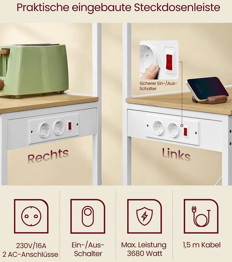 VASAGLE virtuvės lentynos su rozetėmis ir 4 lygiais, auksinės ąžuolo spalvos ir matinės baltos spalvos