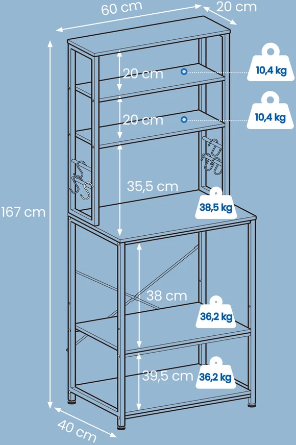 Songmics Vasagle Stovinti virtuvės lentyna, stovinti lentyna mikrobangų krosnelėms, 6 lentynų lygiai ir 6 kabliukai