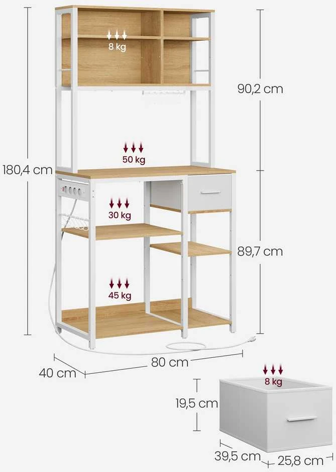 Vasagle Virtuvės lentyna su lizdais ir medžiaginiu stalčiumi 40 x 80 x 180,4 cm