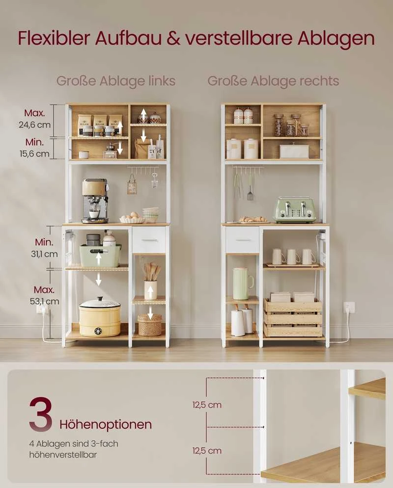 Vasagle Virtuvės lentyna su lizdais ir medžiaginiu stalčiumi 40 x 80 x 180,4 cm