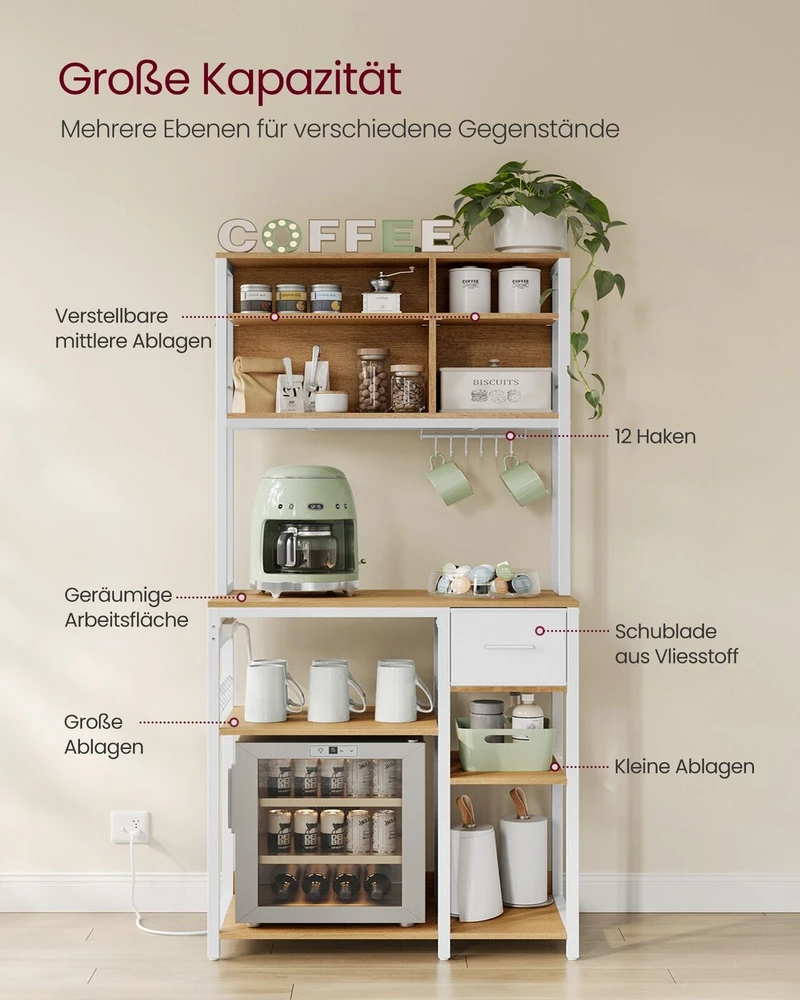 Songmics Vasagle Virtuvės lentyna su lizdais ir medžiaginiu stalčiumi 40 x 80 x 180,4 cm