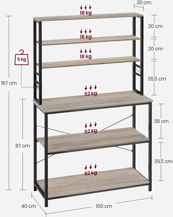 Songmics Vasagle Virtuvės lentyna 6 lentynų lygiai 40 x 100 x 167 cm pilkai juoda